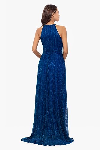 Women's Long Metallic Sleeveless Halter Neck Wrap Overlay Gown
