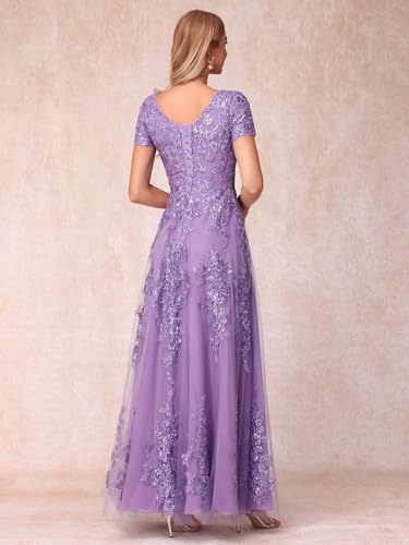Lace Appliques Mother of The Bride Dresses Short Sleeves Long Sequin Beaded Formal Evening Prom Dress YO149