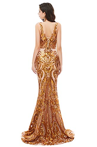 Women's V-Neck Sequins Sleeveless Lace-up Mermaid Evening Dress