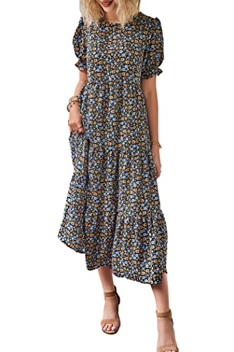 Summer Dresses for Women 2025 Casual Floral Boho Midi Sun Dress Puff Short Sleeve Flowy Beach Vacation Sundress