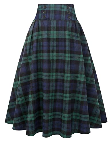 Plaid Skirt for Womens High Waist Aline Pleated Midi Skirts