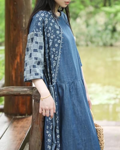 Flower Pattern Casual Denim Dress Blue Short Sleeved Patch Medium Long Robe Loose Fit