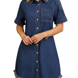 Womens Short Sleeve Denim Dress 2025 Collared Button Front Jean Dresses