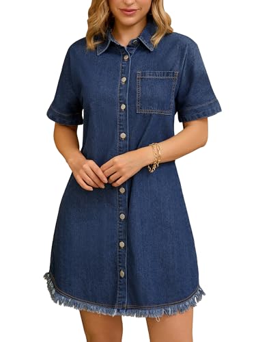 Womens Short Sleeve Denim Dress 2025 Collared Button Front Jean Dresses