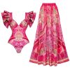 Ruffle Blue and White Porcelain Pattern Majolica Print One Piece Swimsuit and Skirt/Sarong