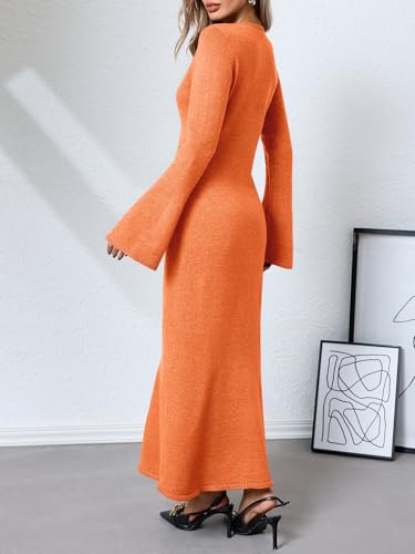 Womens Bell Long Sleeve Maxi Dress Casual Crewneck Knit Slim Fit Flowy Sweater Dresses