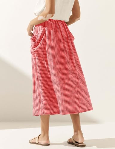 Plaid Skirts for Women Elastic Waist Midi Skirt with Pockets Vintage Flowy Gingham Long Skirt