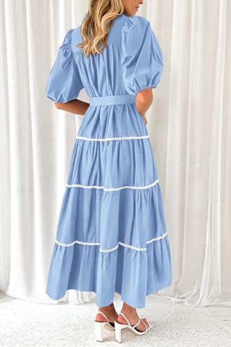 Women's Summer Button Down Shirt Dress Short Puffy Sleeve Tiered Ruffle Flowy Long Maxi Dresses