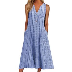 Women Casual Dress Summer Stripe Button V Neck Sleeveless with Pocket Long Dresses Holiday Beach Party Midi Dress