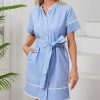 Women's Short Sleeve Summer Shirt Dress Button Down Belted Tunic Mini Dresses RIC Rac Trim Sundress with Pockets