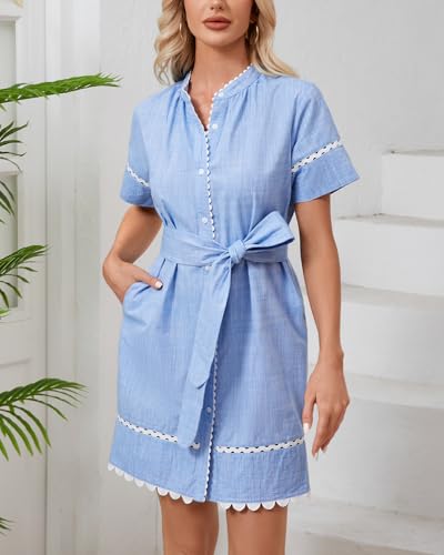 Women's Short Sleeve Summer Shirt Dress Button Down Belted Tunic Mini Dresses RIC Rac Trim Sundress with Pockets
