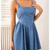Women's Casual Square Neck Denim Dress Ruffle Hem A Line Mini Dress