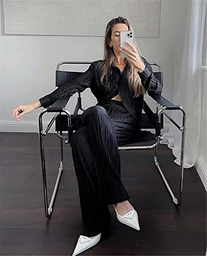 Pleated 2 Piece Outfits for Women Long Sleeve Oversized Button Down Shirt Wide Leg Pants Sets Casual Loungewear