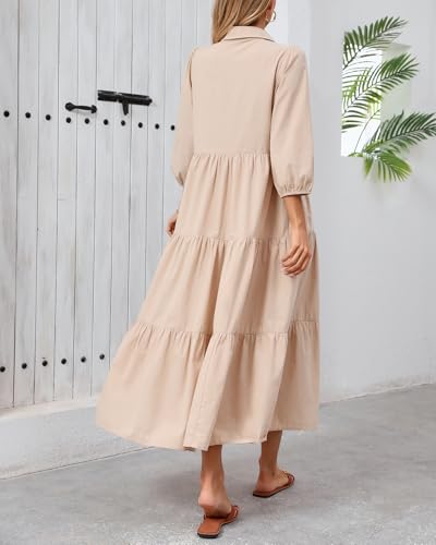 Women Flowy Maxi Shirt Dress Casual Button Down V Neck Ruffled Beach Long Dresses with Pockets