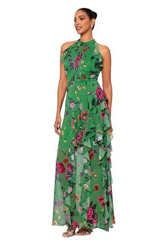 Women's Sleeveless Halter Neck Long Chiffon Floral Ruffle Dress