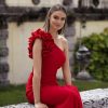 Women's Long One Shoulder Ruffle Scuba Crepe Dress (Standard & Petite)