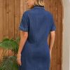 Womens Short Sleeve Denim Dress 2025 Collared Button Front Jean Dresses