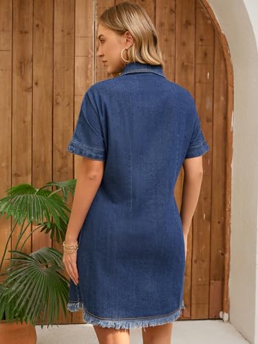 Womens Short Sleeve Denim Dress 2025 Collared Button Front Jean Dresses