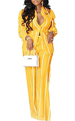 Women's Casual Two Piece Outfits Striped Long Sleeve Collar Button Down Shirt Blouse High Waist Wide Leg Pants Sets