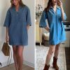 Womens Denim Shirt Dress Summer Collared V Neck Mini Casual Jean Dresses with Pockets
