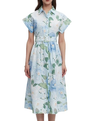 Women Summer Dresses 2025 Casual Wing Short Sleeve Button Down Midi Dress Floral Long Dress with Pocket
