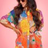Women's Summer 2 Piece Outfits Print Button Down Shirt Shorts Pockets Long Sleeve Beach Vacation Going Out Outfits