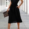 Womens Casual Midi Dresses Solid V Neck Short Sleeve Button Shirt Belted Dress with Pockets for Spring Summer 2025