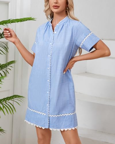 Women's Short Sleeve Summer Shirt Dress Button Down Belted Tunic Mini Dresses RIC Rac Trim Sundress with Pockets