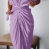 Women Elegant Satin Button Down Short Sleeve Maxi Shirt Dress with Belt