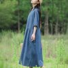 Flower Pattern Casual Denim Dress Blue Short Sleeved Patch Medium Long Robe Loose Fit