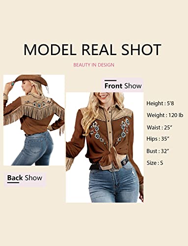 Women's Embroidered Western Long Sleeve Buttons Down Shirts Collared Retro Casual Blouses Shirts