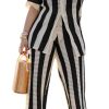 Women's Summer Knit Color Block Two Piece Outfits Button Down Short Sleeved Hollow Out Shirts Long Pants beach Set