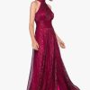 Women's Sleeveless Halter Metallic Crinkle Long Formal Dress