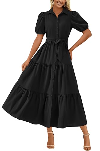 Womens Summer Dresses 2025 Short Sleeve Maxi Dress Casual V Neck Button Down Tiered A Line Flowy Midi Shirt Dress