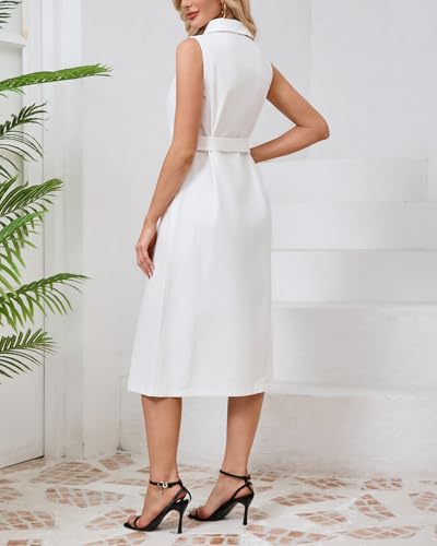 Women's Button Down Shirt Dress Sleeveless Collared A-line Maxi Dress with Belt