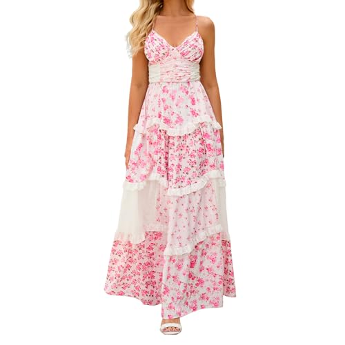 Women Floral Maxi Dress Spaghetti Strap V Neck Patchwork Bohemian Flowy Dresses Summer Fall