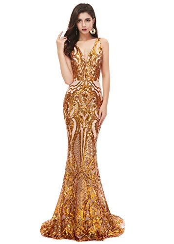 Women's V-Neck Sequins Sleeveless Lace-up Mermaid Evening Dress
