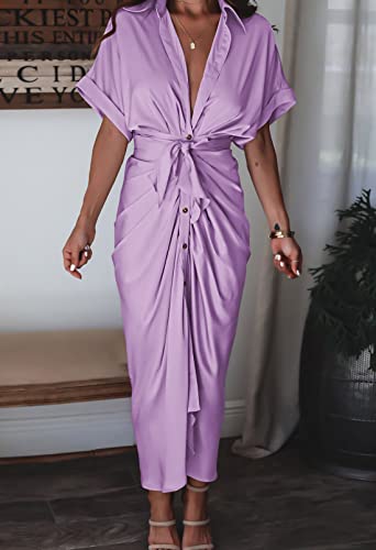 Women Elegant Satin Button Down Short Sleeve Maxi Shirt Dress with Belt
