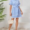 Women's Short Sleeve Summer Shirt Dress Button Down Belted Tunic Mini Dresses RIC Rac Trim Sundress with Pockets
