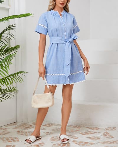 Women's Short Sleeve Summer Shirt Dress Button Down Belted Tunic Mini Dresses RIC Rac Trim Sundress with Pockets