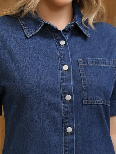 Womens Short Sleeve Denim Dress 2025 Collared Button Front Jean Dresses