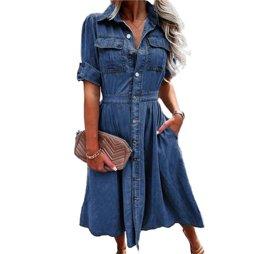 Women Denim Shirt Dress V Neck Short Sleeve Long Bottom Down A-Line Jeans Dresses with Pockets