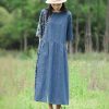 Flower Pattern Casual Denim Dress Blue Short Sleeved Patch Medium Long Robe Loose Fit