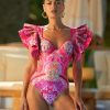 Ruffle Blue and White Porcelain Pattern Majolica Print One Piece Swimsuit and Skirt/Sarong