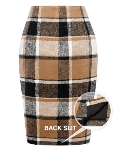 Midi Plaid Skirts for Women Fall Winter Knee Length Pencil Wool Skirt with Slit
