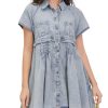 Womens Denim Dress Babydoll Short Sleeve Distressed Loose Button Down Casual Jean Shirt Dress
