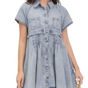Womens Denim Dress Babydoll Short Sleeve Distressed Loose Button Down Casual Jean Shirt Dress