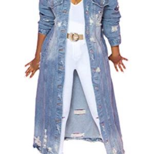 Women's Spring Fashion Ripped Holes Maxi Long Denim Jacket Trench Coat