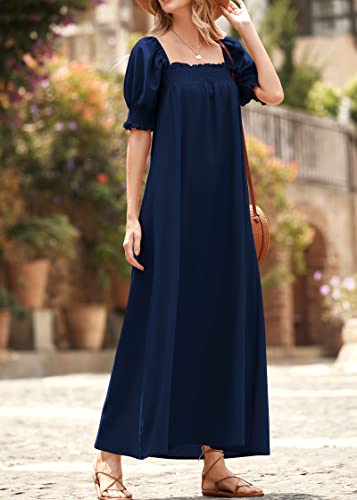 Women 2025 Summer Maxi Dress Casual Loose Puff Sleeve Square Neck Maternity Flowy Long Beach Dresses with Pockets