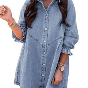 Womens Smocked 3 4 Sleeve Button Down Denim Jeans Dresses
